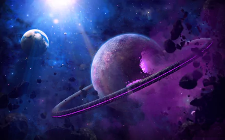 A vivid HD desktop wallpaper depicting a cosmic scene with planets, an asteroid explosion, and colorful rings in space, capturing the essence of sci-fi adventure.