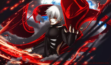 HD wallpaper featuring Ken Kaneki from Tokyo Ghoul, showcasing his iconic white hair, striking red accents, and a dramatic pose with swirling elements and a red cape.