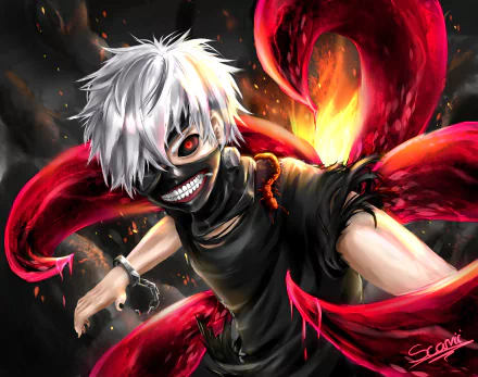 HD desktop wallpaper featuring Ken Kaneki from Tokyo Ghoul, depicted with white hair, an eye patch, and surrounded by red, fiery tentacles in an intense and dynamic anime art style.