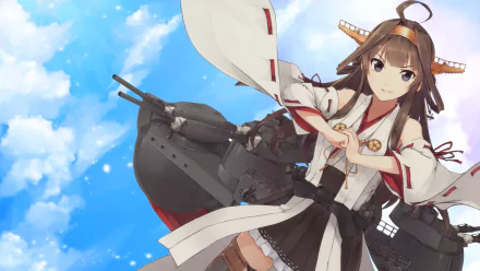 A vibrant HD desktop wallpaper featuring Kongou from Kantai Collection (Kancolle). The anime character stands confidently against a bright blue sky with scattered clouds, detailed with ship armaments.