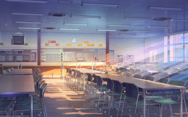 A serene anime-inspired room featuring empty tables and chairs with soft light streaming through windows, creating a tranquil atmosphere in this HD desktop wallpaper.