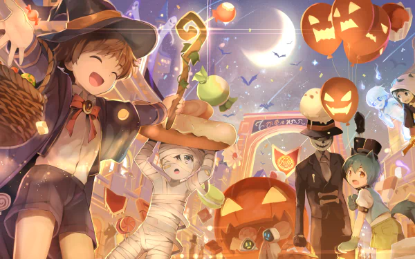 Cute anime Halloween wallpaper featuring a witch, mummy, and various characters under a night sky with a bat and moon. Festive jack-o'-lanterns and decorations create a lively atmosphere.