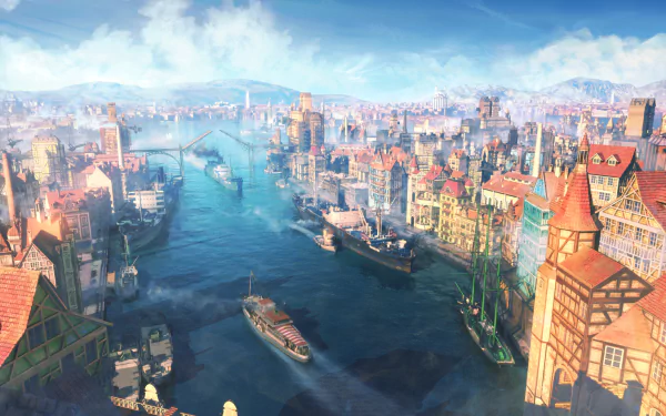HD anime cityscape wallpaper featuring a vibrant river running through a bustling city with detailed buildings and ships under a bright sky.