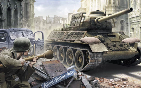 HD PC desktop wallpaper depicting a soldier aiming a weapon near a T-34 tank amidst a war-torn urban battlefield scene.