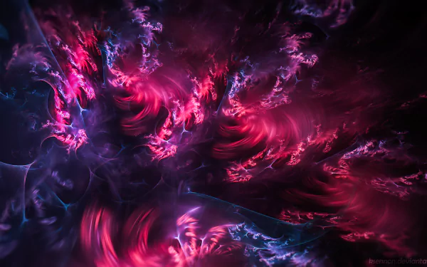 Abstract psychedelic wallpaper featuring vibrant purple and pink fractal patterns, creating a trippy, dynamic background full of depth and color.