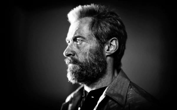 Black and white HD desktop wallpaper of Hugh Jackman as Wolverine in the movie Logan, featuring a rugged, contemplative profile shot.