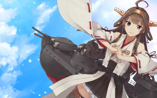 A vibrant HD desktop wallpaper featuring Kongou from Kantai Collection (Kancolle). The anime character stands confidently against a bright blue sky with scattered clouds, detailed with ship armaments.