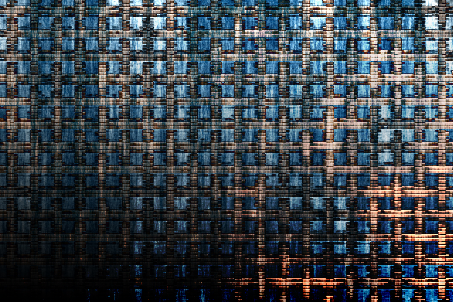 HD PC desktop wallpaper featuring an abstract pattern of interwoven blue and copper textured lines creating a grid-like design.