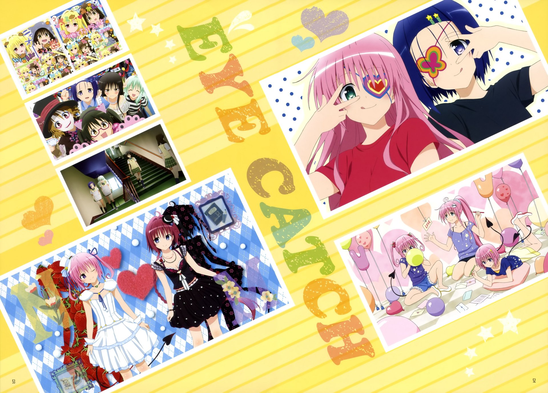 Anime-themed 4K Ultra HD PC wallpaper featuring vibrant scenes from To Love-Ru, showcasing various characters in colorful, dynamic poses on a bright yellow background.