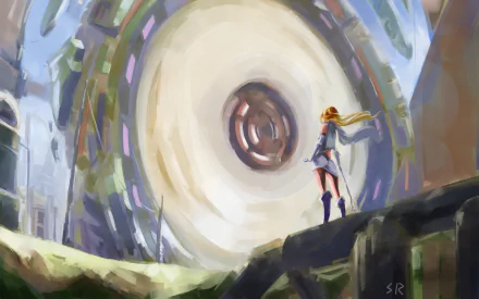 Anime-style original HD PC desktop wallpaper featuring a character standing on rocky terrain, facing a massive, swirling circular structure in a surreal, futuristic environment.