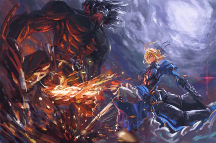An epic scene depicting Berserker confronting Saber from the Fate/stay night series. This dynamic HD anime wallpaper showcases intense action and vibrant colors.