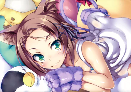 A cheerful character with blush and a bright smile, dressed in a white dress, lies among colorful plush toys in this HD wallpaper inspired by Chiyuri Kurashima from Accel World.