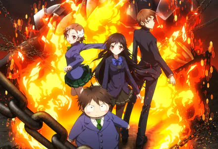 Four characters from Accel World—Takumu Mayuzumi, Chiyuri Kurashima, Haruyuki Arita, and Kuroyukihime—stand determined against a fiery backdrop in this vibrant HD wallpaper. 