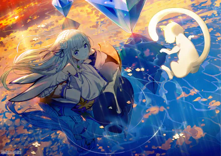 Emilia from Re:ZERO sits gracefully in a vibrant, magical scene, surrounded by shimmering water and colorful crystals, accompanied by a white cat. Ideal HD wallpaper for fans of the series.