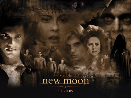 A dramatic HD wallpaper featuring key characters from The Twilight Saga: New Moon, showcasing intense expressions and a mystical atmosphere.