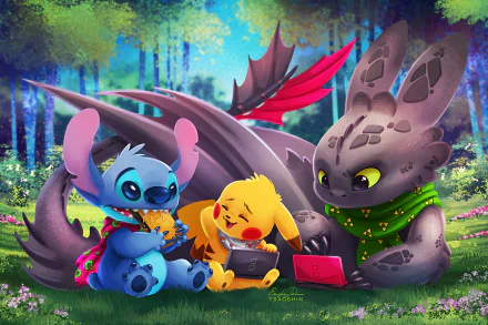 HD desktop wallpaper featuring a crossover of Stitch, Pikachu, and Toothless in an enchanting forest setting, depicting the characters interacting playfully in a vibrant, whimsical scene.
