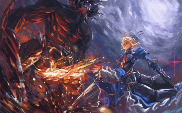 An epic scene depicting Berserker confronting Saber from the Fate/stay night series. This dynamic HD anime wallpaper showcases intense action and vibrant colors.