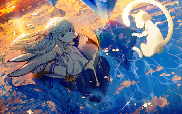 Emilia from Re:ZERO sits gracefully in a vibrant, magical scene, surrounded by shimmering water and colorful crystals, accompanied by a white cat. Ideal HD wallpaper for fans of the series.