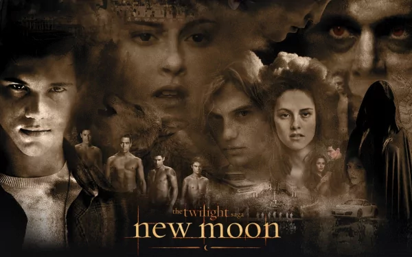 A dramatic HD wallpaper featuring key characters from The Twilight Saga: New Moon, showcasing intense expressions and a mystical atmosphere.