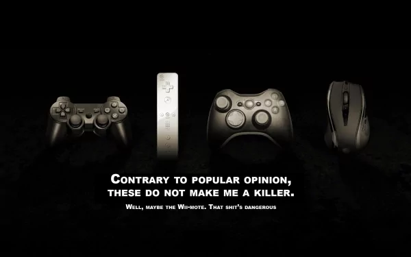 A stylized HD PC desktop wallpaper featuring various game controllers and a mouse, accompanied by a humorous text challenging misconceptions about gaming devices.