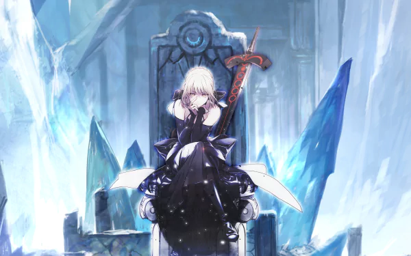 HD desktop wallpaper of Saber from Fate/Hollow Ataraxia. She is depicted as a woman warrior with white hair, yellow eyes, and a sword, sitting on a throne amidst an icy, ethereal background.