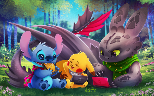 Movie Crossover Stitch Pikachu Toothless Lilo & Stitch Pokémon How to Train Your Dragon HD Wallpaper | Background Image