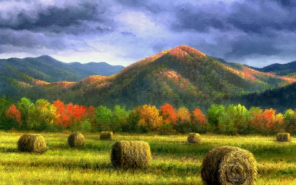 Artistic Painting Fall Haystack Forest Mountain HD Wallpaper | Background Image