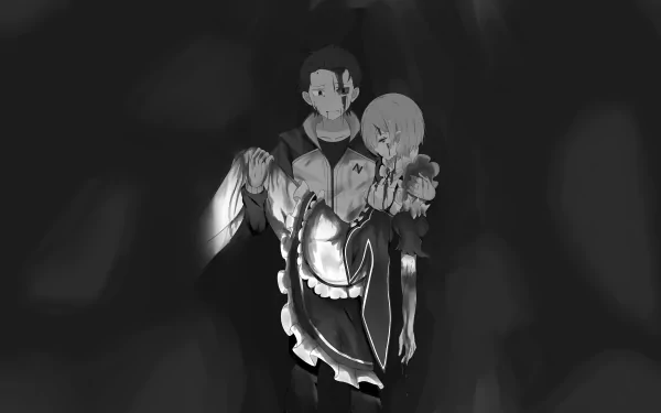 An HD desktop wallpaper featuring Subaru Natsuki and Rem from the anime Re:Zero - Starting Life in Another World, capturing an emotional and dramatic moment between the characters.