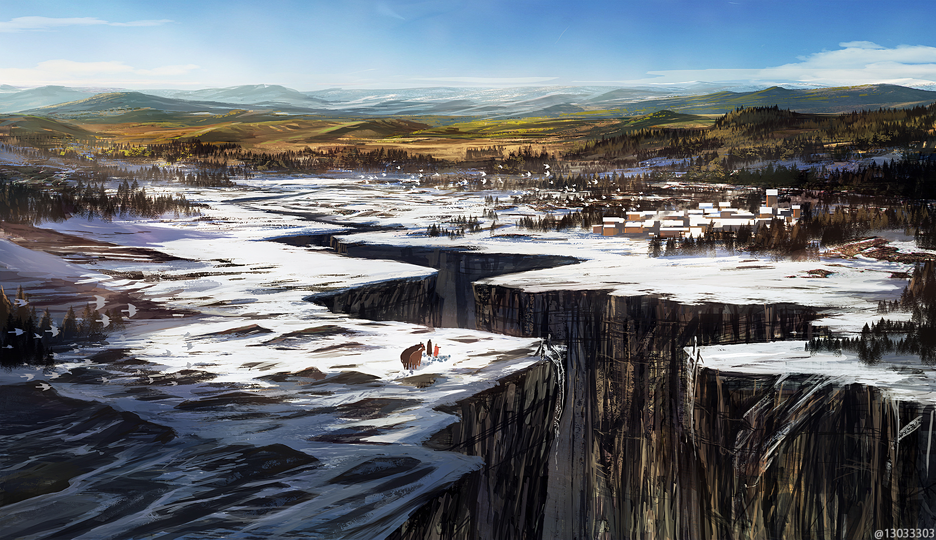 HD anime landscape wallpaper featuring a vast, cracked icy terrain with cliffs overlooking a distant village under a cloudy sky.