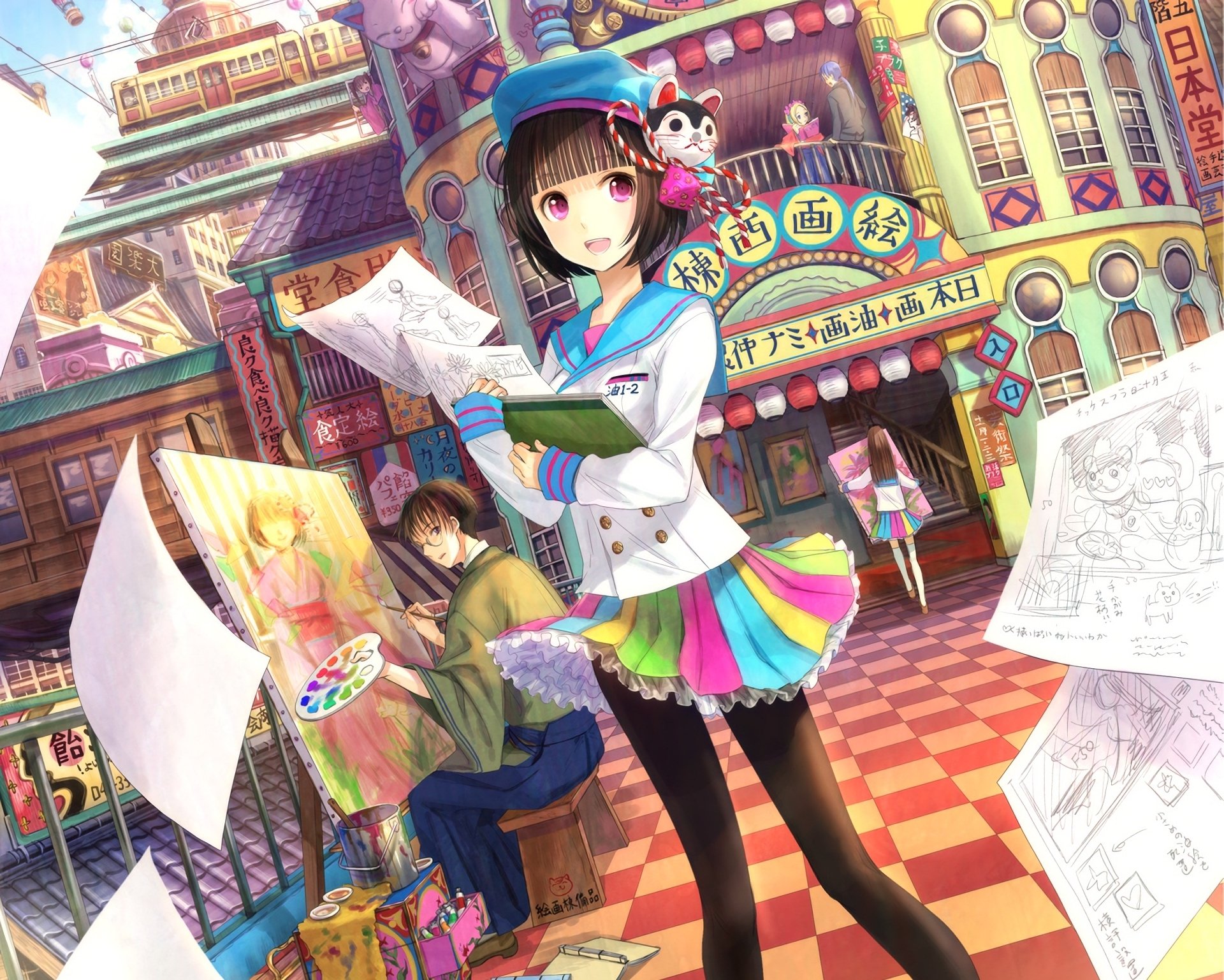 A vibrant anime scene featuring a character in a colorful outfit holding drawings in an artistic street setting, showcasing creativity and inspiration. HD desktop wallpaper background.