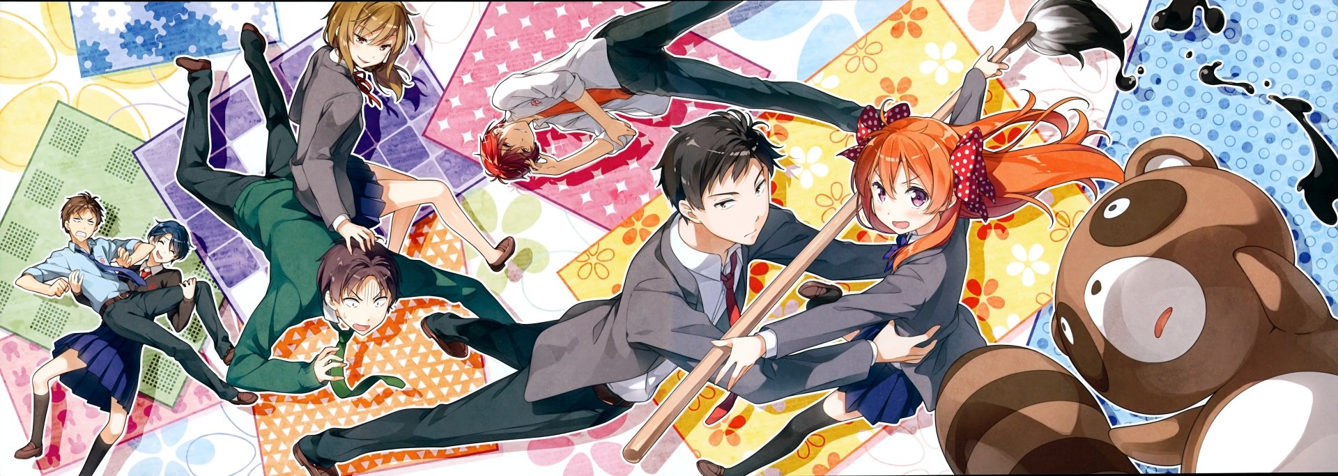 4K Ultra HD Anime wallpaper featuring colorful characters from Monthly Girls’ Nozaki-kun in dynamic poses against a vibrant patterned background.