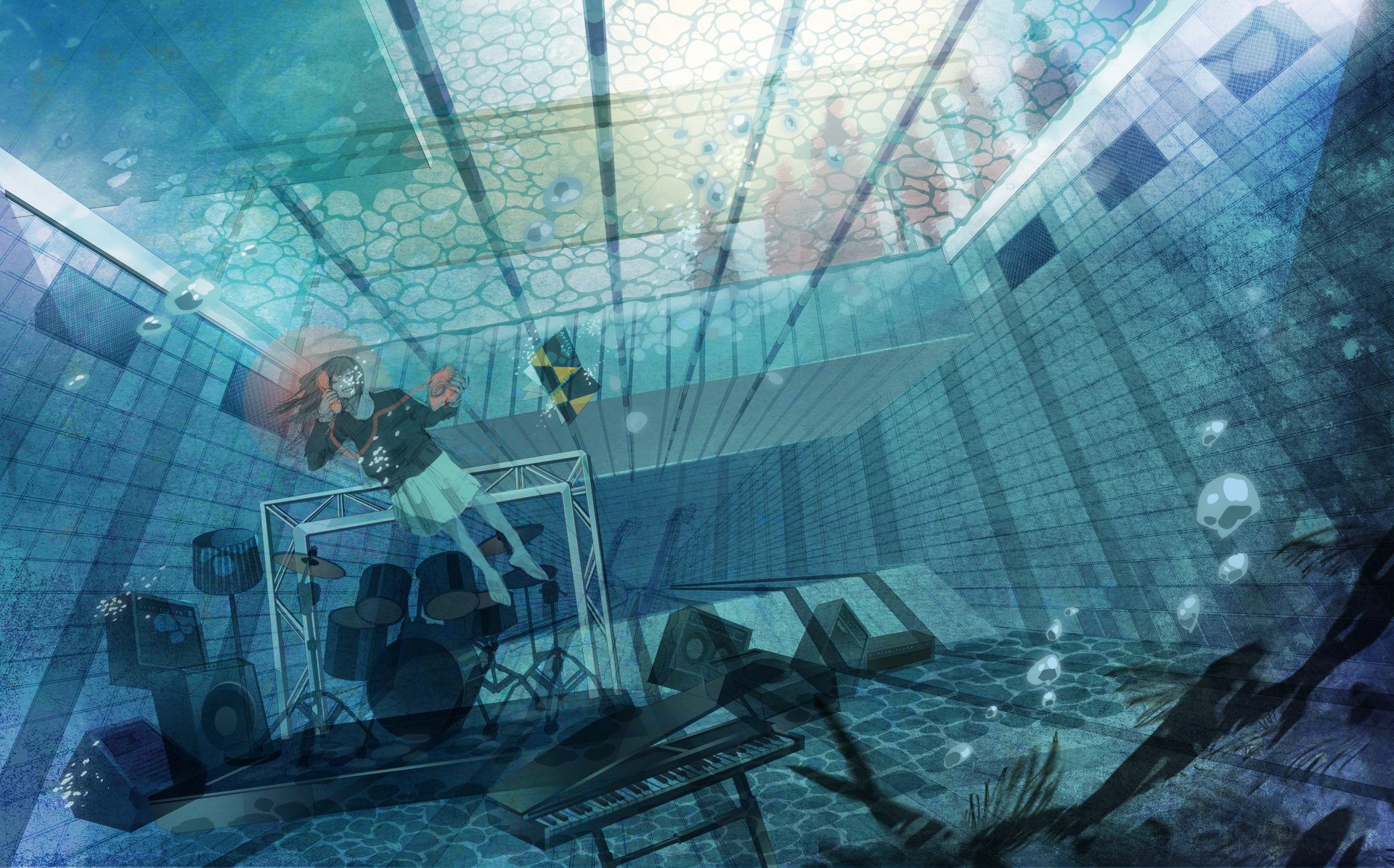Anime drummer playing a submerged drum set in a sunlit underwater pool — 2K Quad HD PC desktop wallpaper/background.