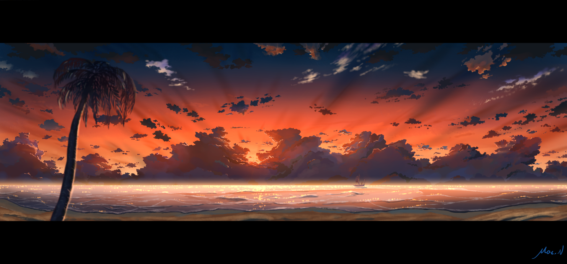 HD anime desktop wallpaper featuring a vibrant original sunset over the ocean with silhouetted palm trees and dramatic clouds.