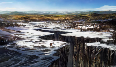 HD anime landscape wallpaper featuring a vast, cracked icy terrain with cliffs overlooking a distant village under a cloudy sky.