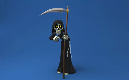 Cartoon grim reaper holding a scythe against a dark blue background, designed as a 4K Ultra HD Halloween-themed PC desktop wallpaper.