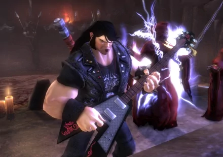 4K Ultra HD PC desktop wallpaper of Brutal Legend: rocker Eddie Riggs shredding an electric guitar amid candles and a lightning-wreathed sorcerer.