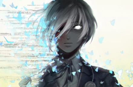 A striking HD wallpaper from the video game Persona 3, featuring a character with white hair surrounded by ethereal blue butterflies and a dreamy background.
