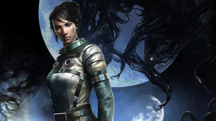 4K Ultra HD desktop wallpaper featuring the protagonist from the video game Prey, set against a moonlit sky with shadowy alien tendrils in the background.