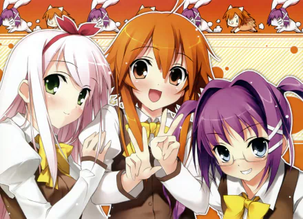 4K Ultra HD PC desktop wallpaper of Shinkyoku Soukai Polyphonica anime: three cheerful schoolgirls—orange, white-pink, and purple-haired (with glasses)—posing against a warm patterned background.
