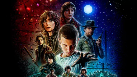 HD desktop wallpaper featuring characters from the TV show Stranger Things with a starry night backdrop and various scenes from the series.