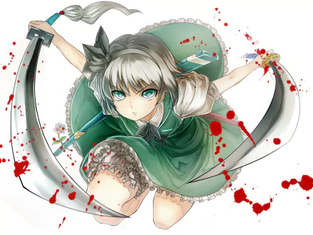 Youmu Konpaku from Touhou in a dynamic anime pose, twin swords raised, white hair and green dress with blood splatters — HD PC desktop wallpaper and background.