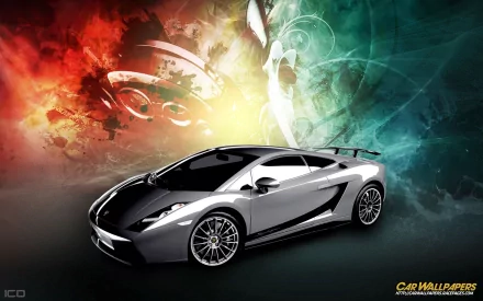 HD desktop wallpaper featuring a sleek Lamborghini Gallardo Superleggera against an abstract, colorful background.