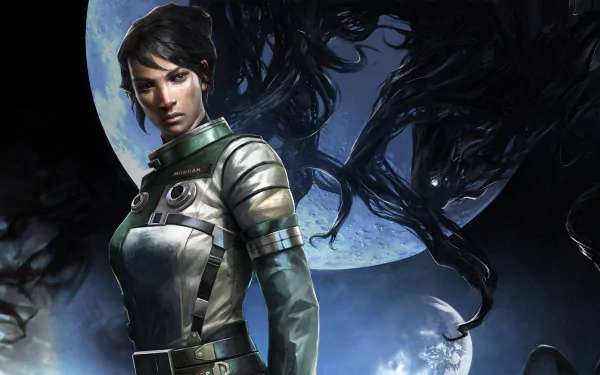 4K Ultra HD desktop wallpaper featuring the protagonist from the video game Prey, set against a moonlit sky with shadowy alien tendrils in the background.