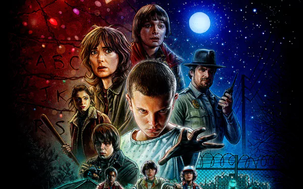 HD desktop wallpaper featuring characters from the TV show Stranger Things with a starry night backdrop and various scenes from the series.