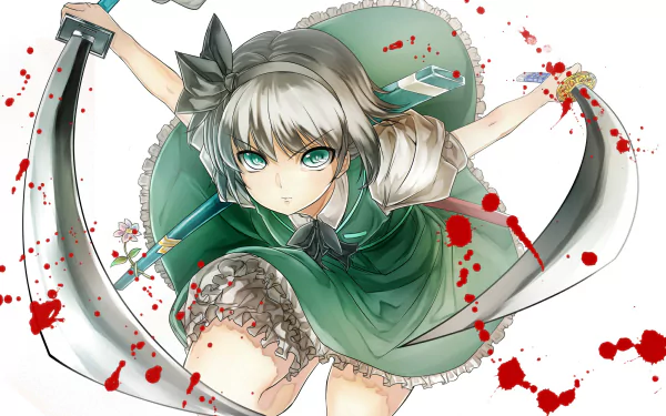 Youmu Konpaku from Touhou in a dynamic anime pose, twin swords raised, white hair and green dress with blood splatters — HD PC desktop wallpaper and background.