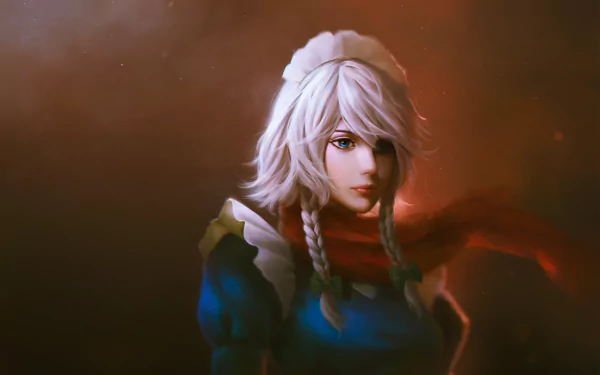 Sakuya Izayoi from the Touhou series, depicted in a striking anime style, serves as a vibrant HD desktop wallpaper and background, capturing her enigmatic presence.