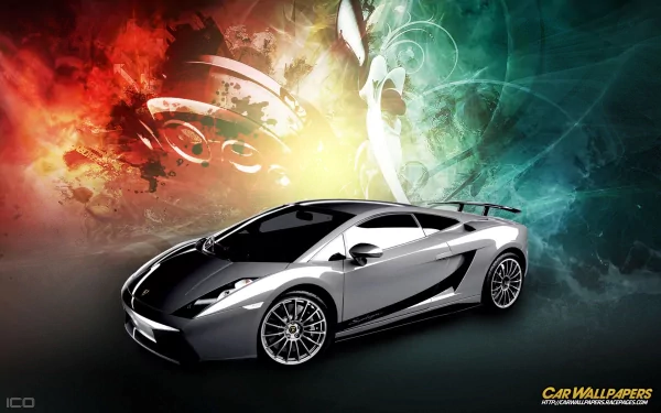 HD desktop wallpaper featuring a sleek Lamborghini Gallardo Superleggera against an abstract, colorful background.