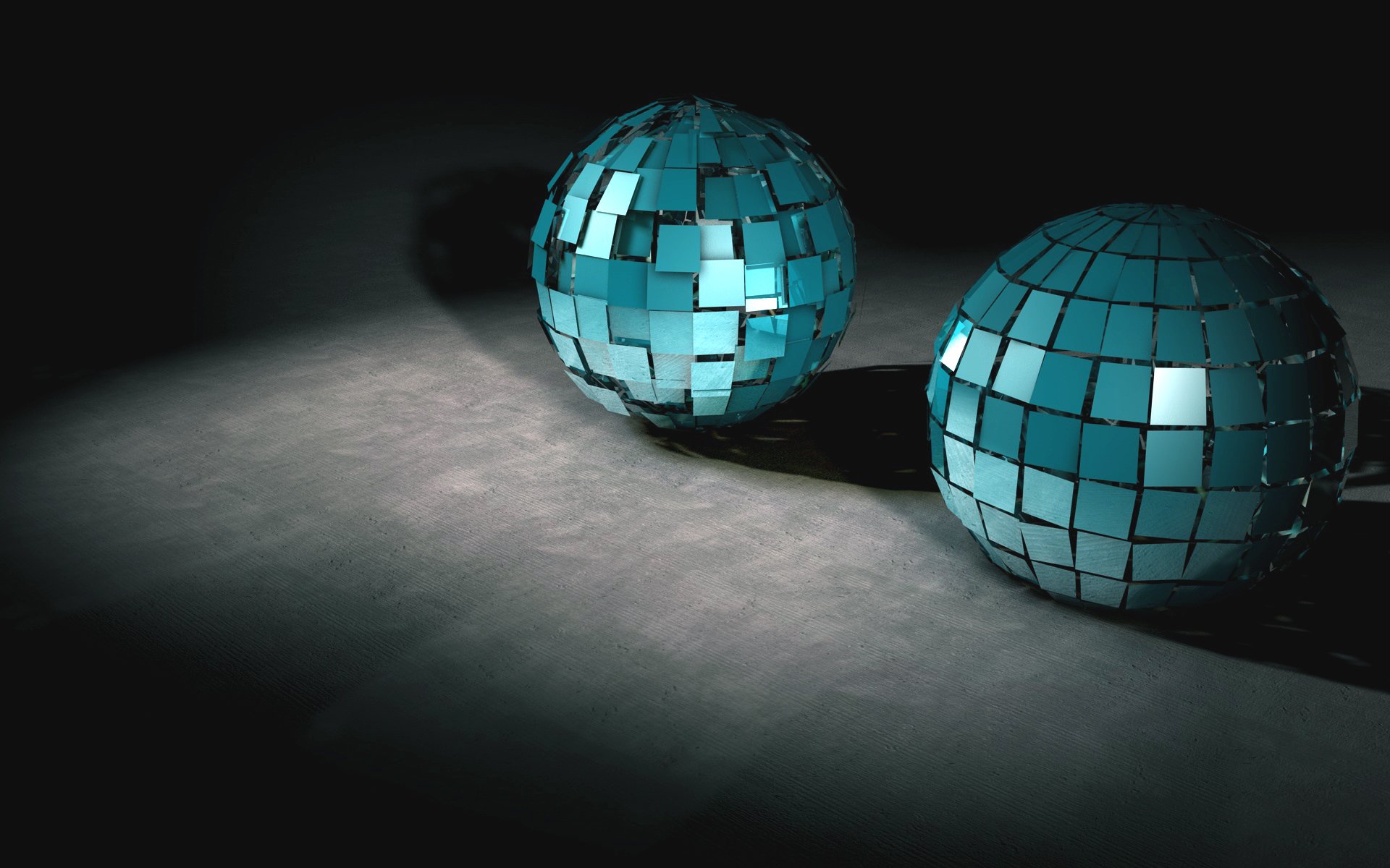 CGI 3D artistic abstract HD wallpaper featuring two reflective blue mirrored spheres casting shadows on a smooth surface.