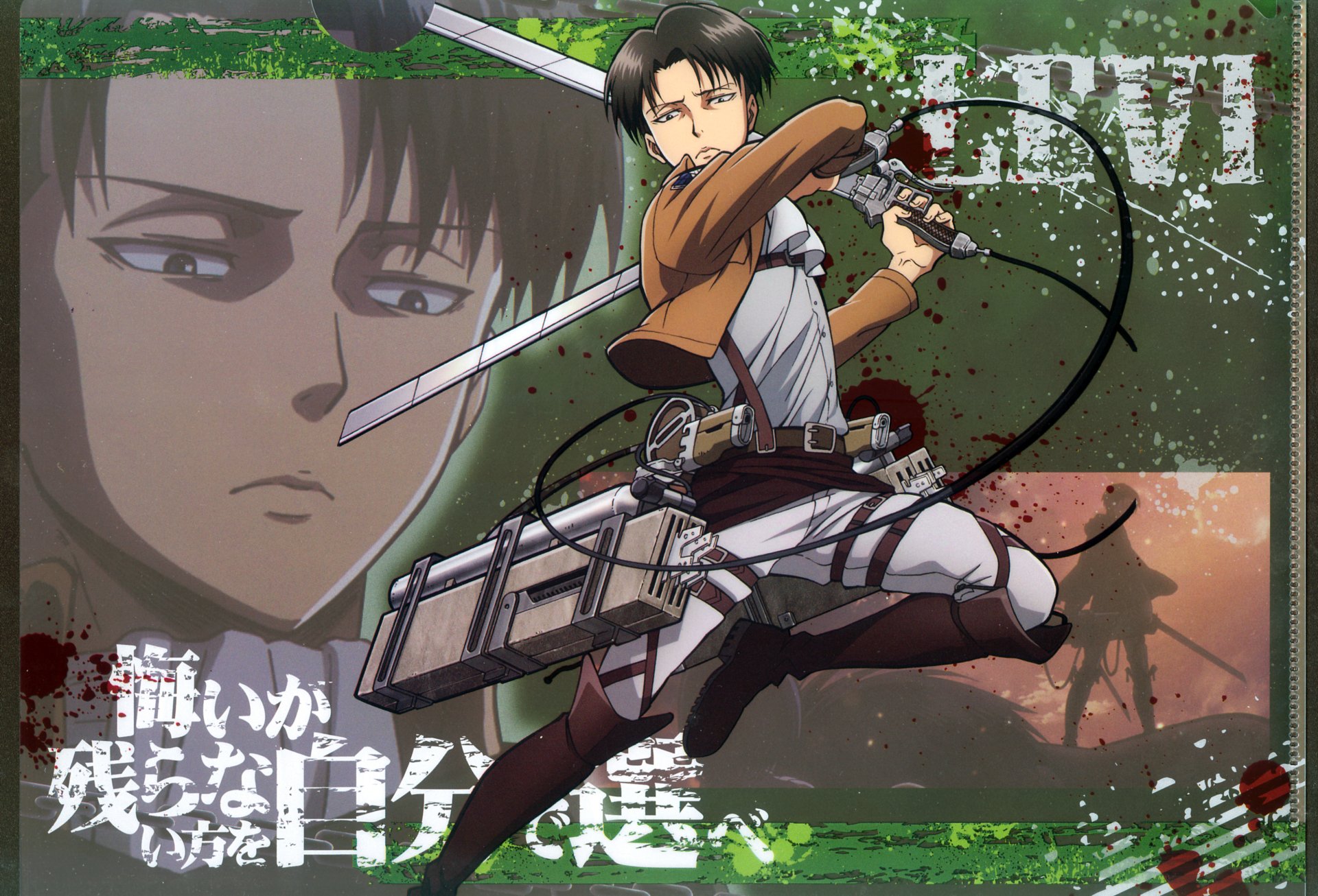 HD anime desktop wallpaper featuring Levi Ackerman from Attack on Titan in action, wielding swords with a focused expression and dynamic background elements.