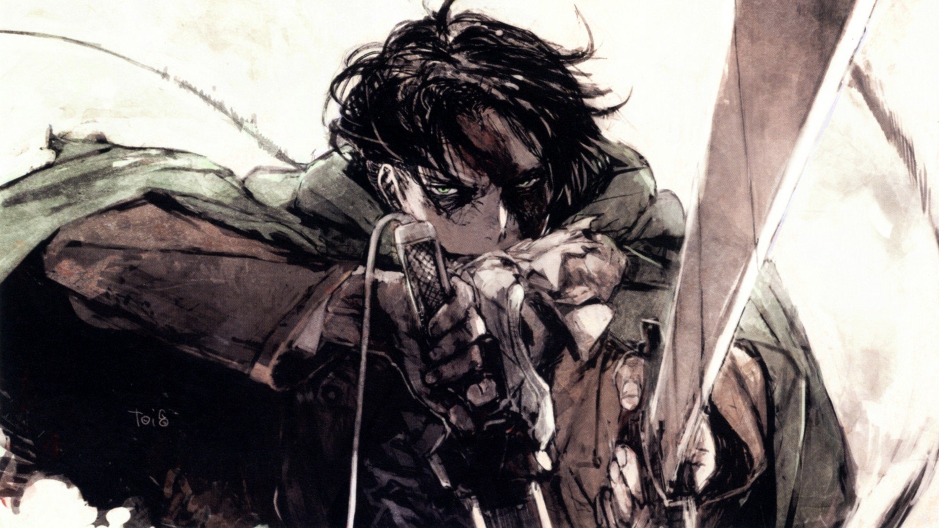 Anime wallpaper featuring Levi Ackerman from Attack on Titan, showcasing his intense focus and readiness for battle, captured in stunning HD detail.